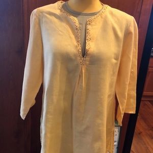 Eileen Fisher yellow linen tunic embellished M